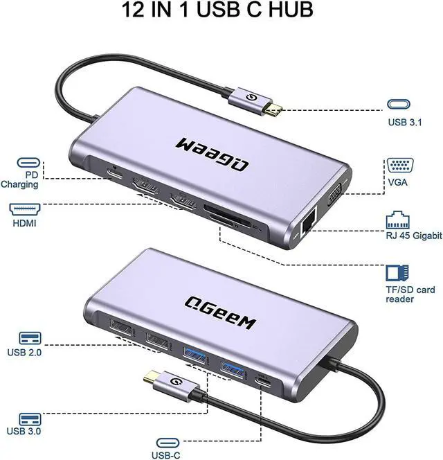 Alt view image 2 of 7 - QGeeM USB C Hub,12 in 1 USB C Laptop Docking Station Dual Monitor,Triple Display USB Type C Adapter Dock With 4K Dual HDMI,VGA,100W PD,Ethernet,4USB,SD/TF, Compatible with MacBook and Windows