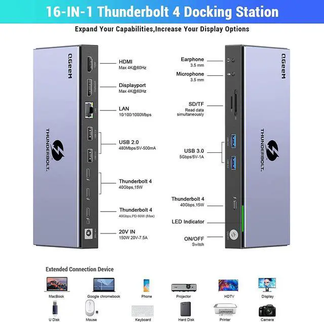 Alt view image 2 of 7 - Thunderbolt 4 Docking Station, QGeeM 16-in-1 Quadruple Display Docking Station 4K or Single 8K Video Output USB C Dock Compatible with Windows and Mac OS