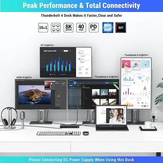 Alt view image 3 of 7 - Thunderbolt 4 Docking Station, QGeeM 16-in-1 Quadruple Display Docking Station 4K or Single 8K Video Output USB C Dock Compatible with Windows and Mac OS