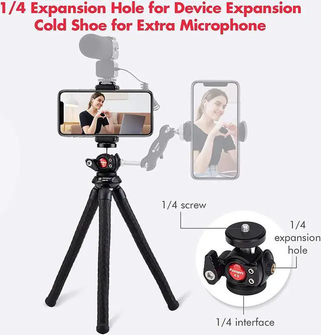 Alt view image 3 of 6 - Phone Tripod, Fotopro Flexible Tripod with Extension Ball Head and Cold Shoe Mount, Camera Tripod with Vertical Horizantal Rotating, Tripod for Camera and Mobile Live Stream
