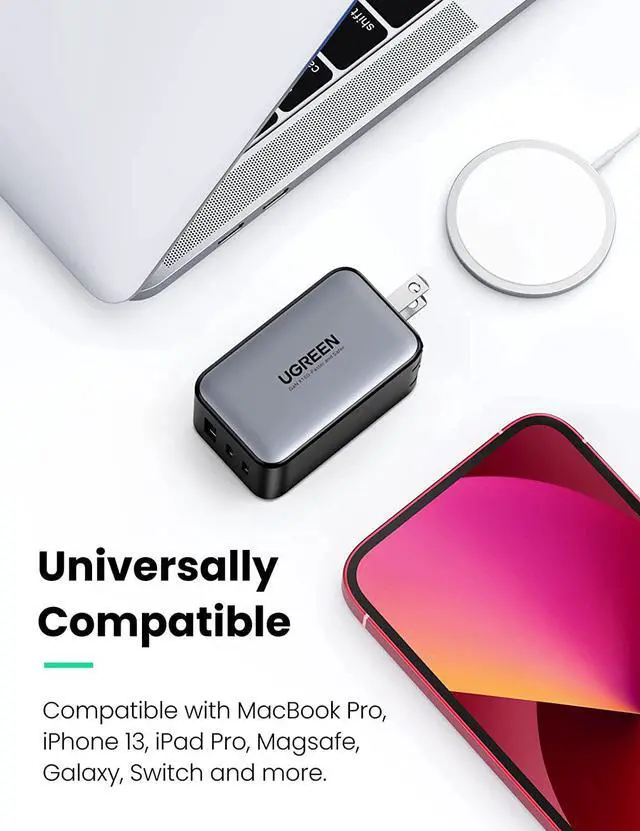 Alt view image 7 of 7 - UGREEN 65W USB C Charger Multiport - 3 Port GaN PPS Fast Charger Adapter Foldable Charger Compatible with MacBook Pro/Air, iPad Pro, Galaxy S22/S21/S20, Dell XPS 13, iPhone 13/13 Pro Max/12, Pixel