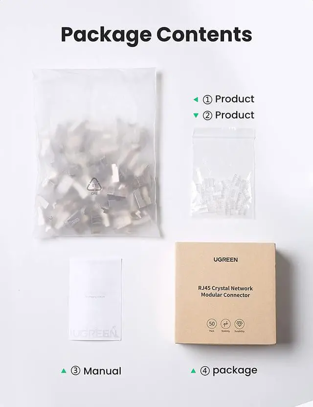 Alt view image 7 of 7 - UGREEN RJ45 Connectors Cat6 Ends 50 Pack Cat6 Cat5e RJ45 Connector Pass Through Ethernet Cable Crimp Connectors Network Plug