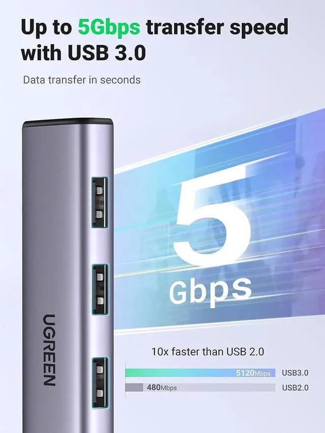 Alt view image 4 of 7 - UGREEN USB 3.0 to Ethernet Adapter, 5 in 1 Multiport Hub with Gigabit RJ45 and Type-C Power Port, LAN Network Adapter Compatible with Laptop PC MacBook Mac Mini Surface XPS Windows Linux MacOS