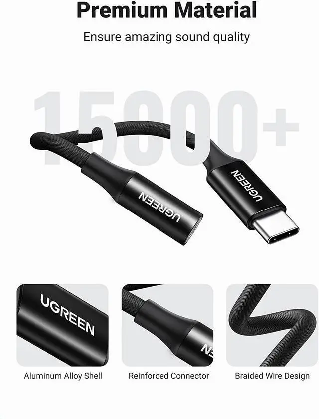 Alt view image 6 of 7 - UGREEN USB C to 3.5mm Audio Adapter Braided Type C Male to Headphone Aux Jack Female Dongle HiFi DAC Cable Cord Compatible with Samsung Galaxy S22 S21 Note20 Ultra S20 Pixel 5 4 XL iPad Pro Air, Black