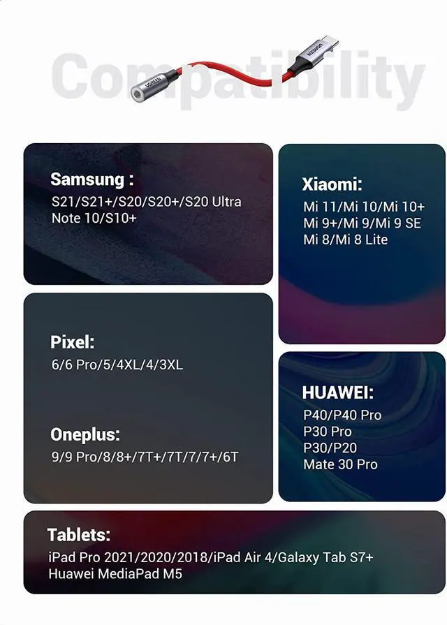 Alt view image 5 of 7 - UGREEN USB C to 3.5mm Audio Adapter Braided Type C Male to Headphone Aux Jack Female Dongle HiFi DAC Cable Cord Compatible with Samsung Galaxy S22 S21 Note20 Ultra S20 Pixel 5 4 XL iPad Pro Air, Red