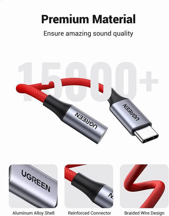 Alt view image 6 of 7 - UGREEN USB C to 3.5mm Audio Adapter Braided Type C Male to Headphone Aux Jack Female Dongle HiFi DAC Cable Cord Compatible with Samsung Galaxy S22 S21 Note20 Ultra S20 Pixel 5 4 XL iPad Pro Air, Red