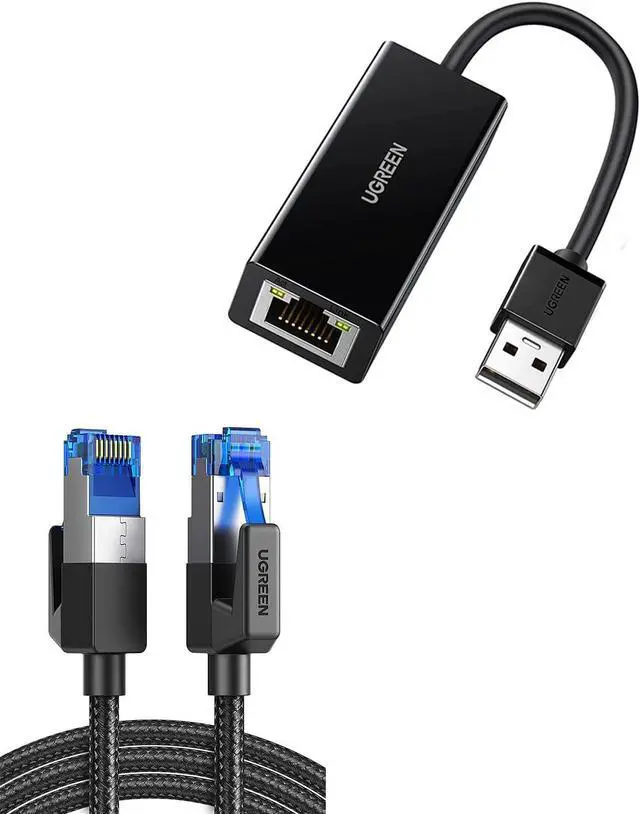 Main image of UGREEN Ethernet Adapter USB 2.0 to 10 100 Wired Adapter Bundle with UGREEN Cat 8 Ethernet Cable Braided 40Gbps 2000Mhz 6FT