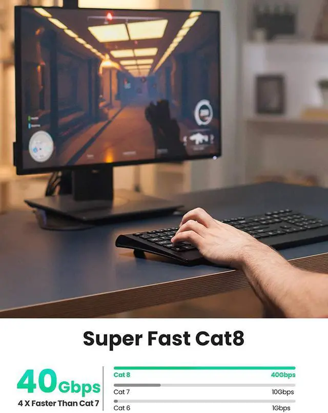 Alt view image 2 of 7 - UGREEN Cat 8 Ethernet Cable High Speed 40Gbps 2000Mhz Cat8 RJ45 Network Cord Flat Shielded Indoor LAN Cables Compatible for Gaming PC PS5 PS4 PS3 Xbox Modem Router 10ft
