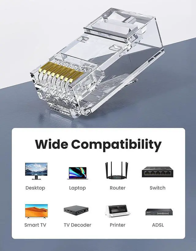 Alt view image 6 of 7 - UGREEN RJ45 Connector 50 Pack Cat6 Cat5e RJ45 Pass Through Plug Ends Ethernet Cable Crimp Network Plug LAN Connector Crystal