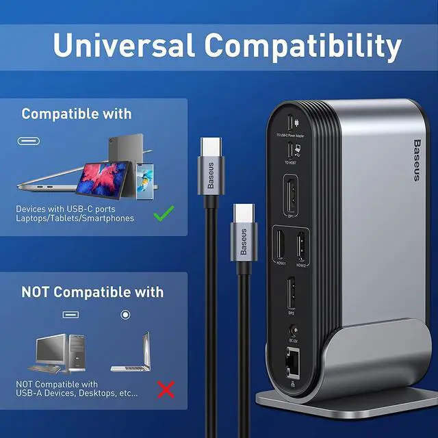 Alt view image 2 of 7 - Baseus Docking Station, 16-in-1 USB C Hub to Display on 4 Monitors, 2 HMDI, 2 DP, 2 USB-C Ports, 3 USB3.0 Ports, 1000Mbps LAN Port, MicroSD/TF Card Reader, Compatible with Windows and MacOS Laptops