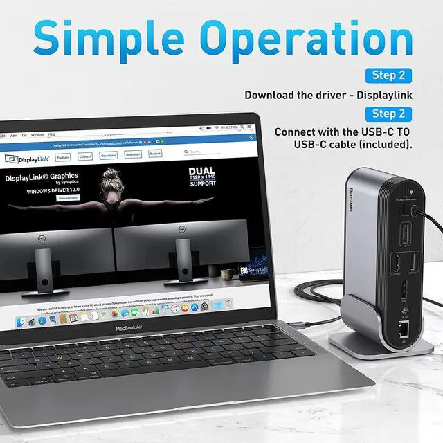 Alt view image 4 of 7 - Baseus Docking Station, 16-in-1 USB C Hub to Display on 4 Monitors, 2 HMDI, 2 DP, 2 USB-C Ports, 3 USB3.0 Ports, 1000Mbps LAN Port, MicroSD/TF Card Reader, Compatible with Windows and MacOS Laptops