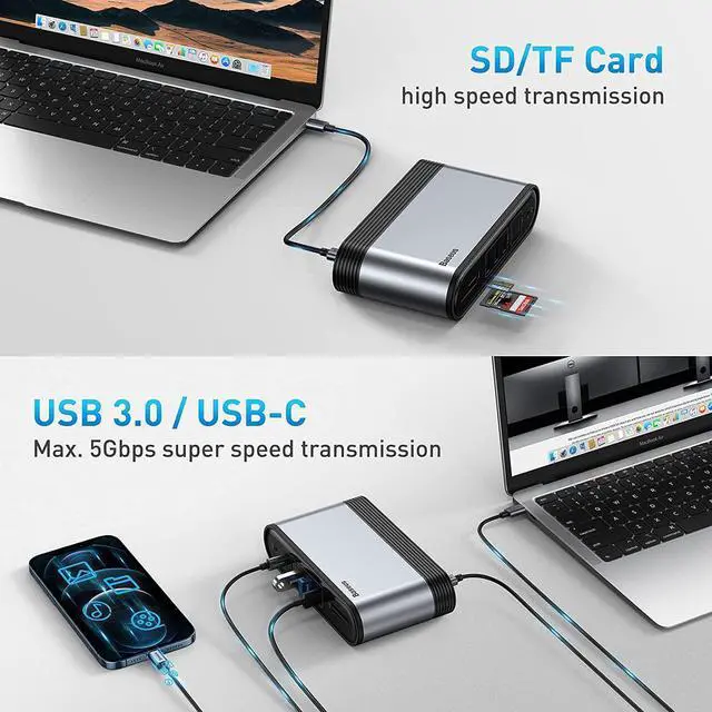 Alt view image 5 of 7 - Baseus Docking Station, 16-in-1 USB C Hub to Display on 4 Monitors, 2 HMDI, 2 DP, 2 USB-C Ports, 3 USB3.0 Ports, 1000Mbps LAN Port, MicroSD/TF Card Reader, Compatible with Windows and MacOS Laptops