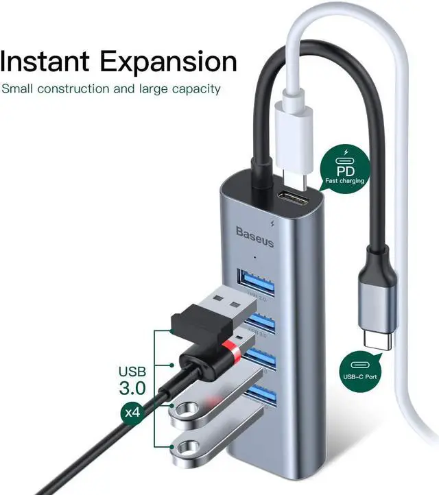 Alt view image 2 of 7 - Baseus 4-in-1 USB Hubs, USB C to USB 3.0,PD 60W Fast Charging Port USB Dongle for MacBook Pro Air,Samsung S20 S10+