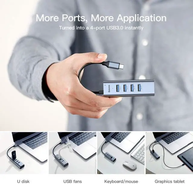 Alt view image 4 of 7 - Baseus 4-in-1 USB Hubs, USB C to USB 3.0,PD 60W Fast Charging Port USB Dongle for MacBook Pro Air,Samsung S20 S10+
