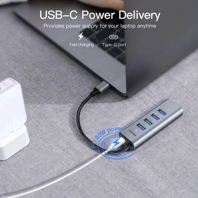 Alt view image 5 of 7 - Baseus 4-in-1 USB Hubs, USB C to USB 3.0,PD 60W Fast Charging Port USB Dongle for MacBook Pro Air,Samsung S20 S10+