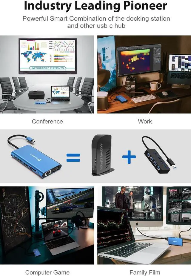 Alt view image 5 of 7 - UtechSmart Docking Station, Triple Monitors USB C Laptop Docking Station, 11-1 USB C Dock with 2 HDMI, VGA, PD3.0, SD TF Card Slot, 4 USB Ports USB-C Adapter Compatible for MacBook & Windows(Blue)