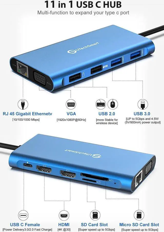 Alt view image 4 of 7 - UtechSmart Docking Station, Triple Monitors USB C Laptop Docking Station, 11-1 USB C Dock with 2 HDMI, VGA, PD3.0, SD TF Card Slot, 4 USB Ports USB-C Adapter Compatible for MacBook & Windows(Blue)