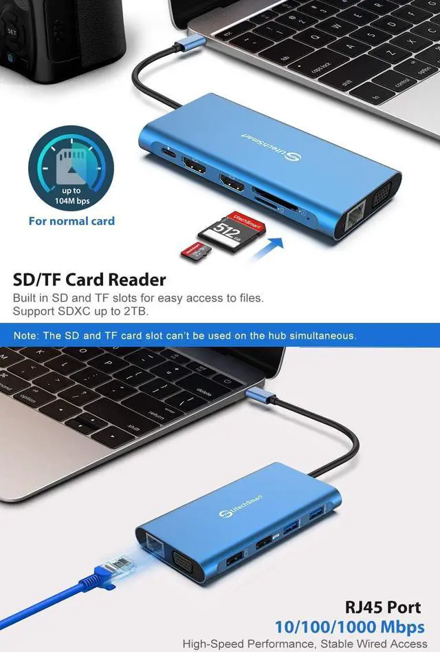 Alt view image 6 of 7 - UtechSmart Docking Station, Triple Monitors USB C Laptop Docking Station, 11-1 USB C Dock with 2 HDMI, VGA, PD3.0, SD TF Card Slot, 4 USB Ports USB-C Adapter Compatible for MacBook & Windows(Blue)
