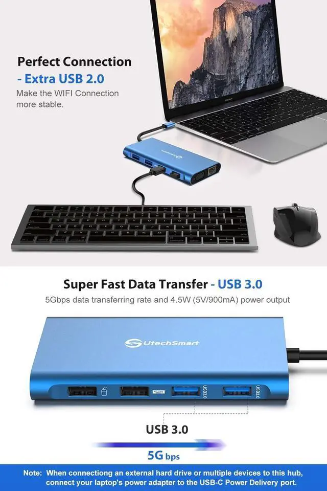 Alt view image 7 of 7 - UtechSmart Docking Station, Triple Monitors USB C Laptop Docking Station, 11-1 USB C Dock with 2 HDMI, VGA, PD3.0, SD TF Card Slot, 4 USB Ports USB-C Adapter Compatible for MacBook & Windows(Blue)