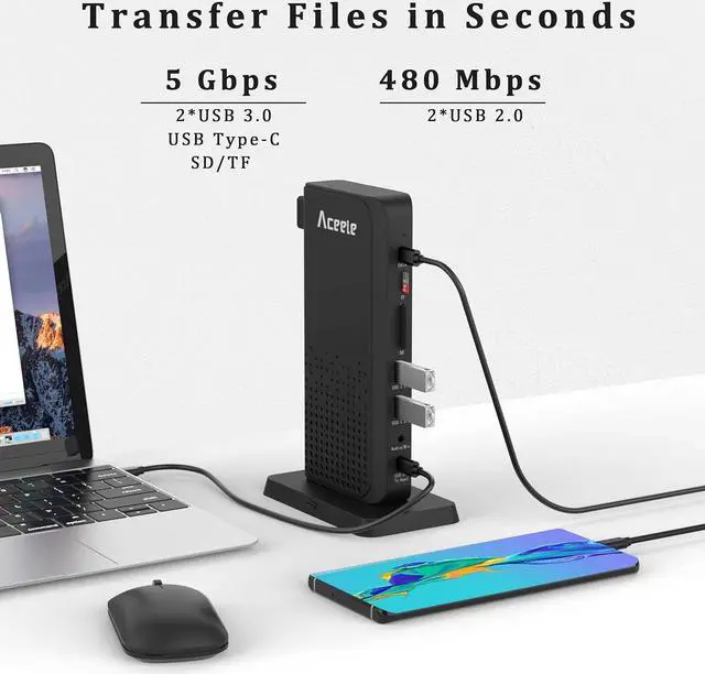 Alt view image 7 of 7 - Aceele Triple Display USB C Docking Station 15 in 1 USB C Hub SD/TF, 4K HDMI, VGA, LAN, 3.5mm Audio, 100W PD, Multiport Adapter for MacBook Pro/Air, Dell XPS, HP, Surface and Lenovo