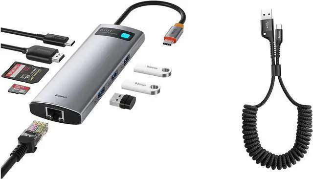 Main image of Baseus 8-in-1 USB C Hub Docking Station &USB Type C Cable for Car
