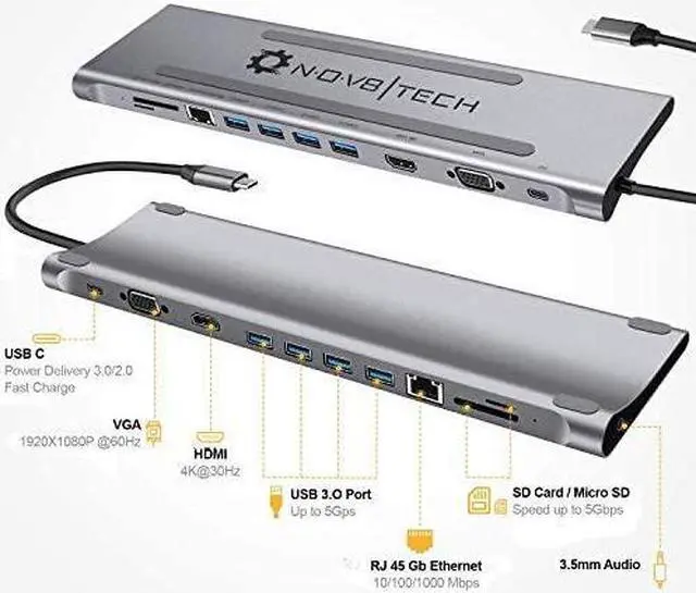 Alt view image 2 of 7 - NOV8Tech USB C Hub Docking Station, 11-in-1 Type C Dock for M1 MacBook Pro Air 2021-2016 & USB C Laptops, Triple Display 4K HDMI & VGA, 100W USB-C PD, Gigabit Ethernet, SD/Micro SD, 4XUSB 3, Audio/Mic