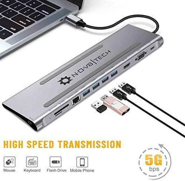 Alt view image 4 of 7 - NOV8Tech USB C Hub Docking Station, 11-in-1 Type C Dock for M1 MacBook Pro Air 2021-2016 & USB C Laptops, Triple Display 4K HDMI & VGA, 100W USB-C PD, Gigabit Ethernet, SD/Micro SD, 4XUSB 3, Audio/Mic