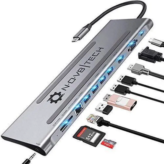 Main image of NOV8Tech USB C Hub Docking Station, 11-in-1 Type C Dock for M1 MacBook Pro Air 2021-2016 & USB C Laptops, Triple Display 4K HDMI & VGA, 100W USB-C PD, Gigabit Ethernet, SD/Micro SD, 4XUSB 3, Audio/Mic