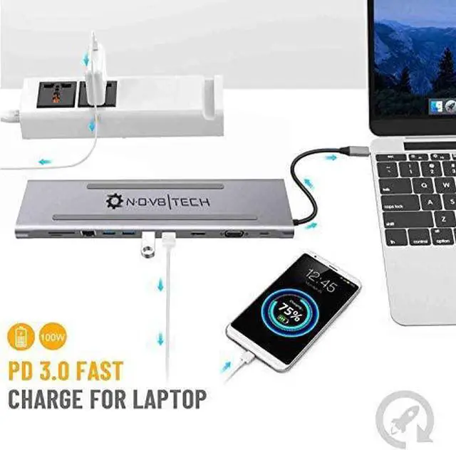 Alt view image 6 of 7 - NOV8Tech USB C Hub Docking Station, 11-in-1 Type C Dock for M1 MacBook Pro Air 2021-2016 & USB C Laptops, Triple Display 4K HDMI & VGA, 100W USB-C PD, Gigabit Ethernet, SD/Micro SD, 4XUSB 3, Audio/Mic