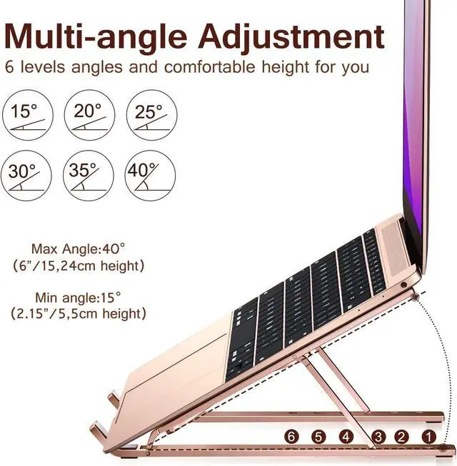 Alt view image 4 of 7 - Laptop Stand, Laptop Holder Riser Computer Tablet Stand, 6 Angles Adjustable Aluminum Ergonomic Foldable Portable Desktop Holder Compatible with MacBook,iPad, HP, Dell10-15.6\u201d Rose Gold
