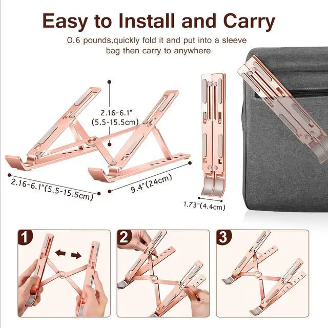 Alt view image 5 of 7 - Laptop Stand, Laptop Holder Riser Computer Tablet Stand, 6 Angles Adjustable Aluminum Ergonomic Foldable Portable Desktop Holder Compatible with MacBook,iPad, HP, Dell10-15.6\u201d Rose Gold