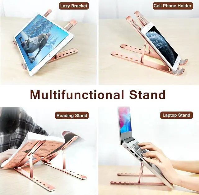 Alt view image 7 of 7 - Laptop Stand, Laptop Holder Riser Computer Tablet Stand, 6 Angles Adjustable Aluminum Ergonomic Foldable Portable Desktop Holder Compatible with MacBook,iPad, HP, Dell10-15.6\u201d Rose Gold
