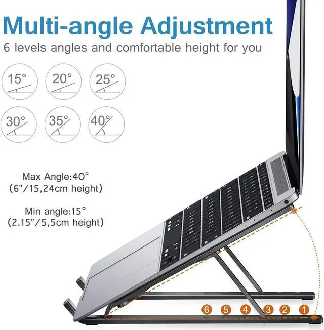 Alt view image 4 of 7 - Laptop Stand, Laptop Holder Riser Computer Tablet Stand, 6 Angles Adjustable Aluminum Ergonomic Foldable Portable Desktop Holder Compatible with MacBook,iPad, HP, Dell, Lenovo 10-15.6\u201d Black