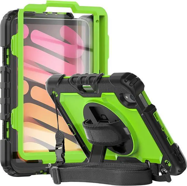 Main image of Case for iPad Mini 6 with Screen Protector Pencil Holder | Heavy Duty iPad A2567/A2568/A2569 Case W/Kickstand Handle Grip Shoulder Strap | Support 2nd Gen Pencil Wireless Charging | Green