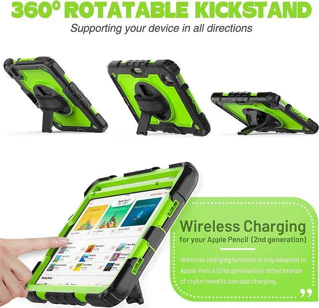 Alt view image 3 of 6 - Case for iPad Mini 6 with Screen Protector Pencil Holder | Heavy Duty iPad A2567/A2568/A2569 Case W/Kickstand Handle Grip Shoulder Strap | Support 2nd Gen Pencil Wireless Charging | Green