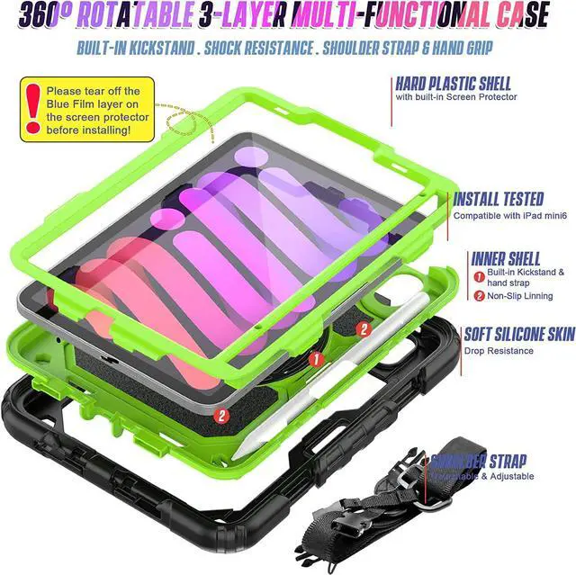 Alt view image 6 of 6 - Case for iPad Mini 6 with Screen Protector Pencil Holder | Heavy Duty iPad A2567/A2568/A2569 Case W/Kickstand Handle Grip Shoulder Strap | Support 2nd Gen Pencil Wireless Charging | Green