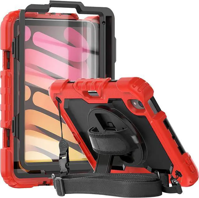 Main image of Case Compatible with Apple iPad Mini 6 8.3 Inch 2021 | iPad Mini 6th Gen Case with Screen Protector | Cute Anti-Drop Durable Silicone Protective Cover W/Stand Hand Strap Shoulder Strap | Red