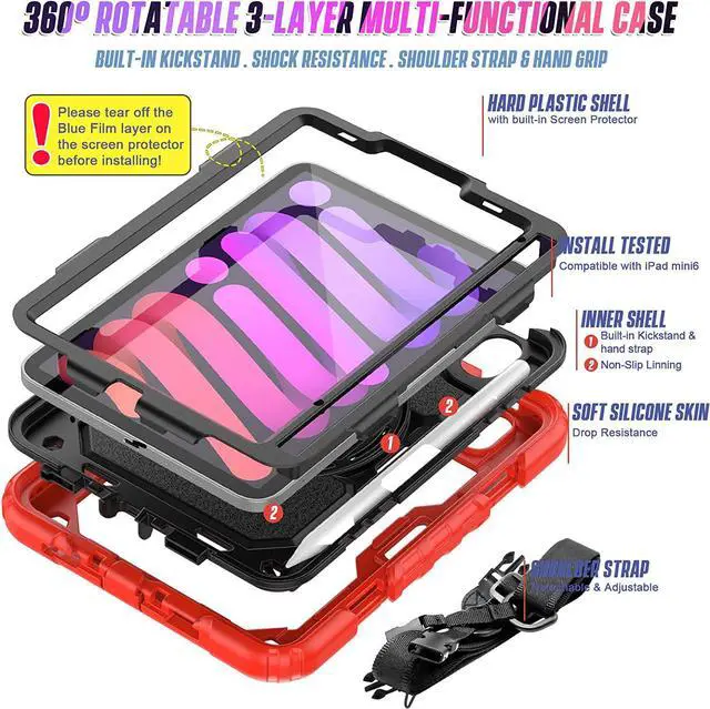 Alt view image 6 of 6 - Case Compatible with Apple iPad Mini 6 8.3 Inch 2021 | iPad Mini 6th Gen Case with Screen Protector | Cute Anti-Drop Durable Silicone Protective Cover W/Stand Hand Strap Shoulder Strap | Red