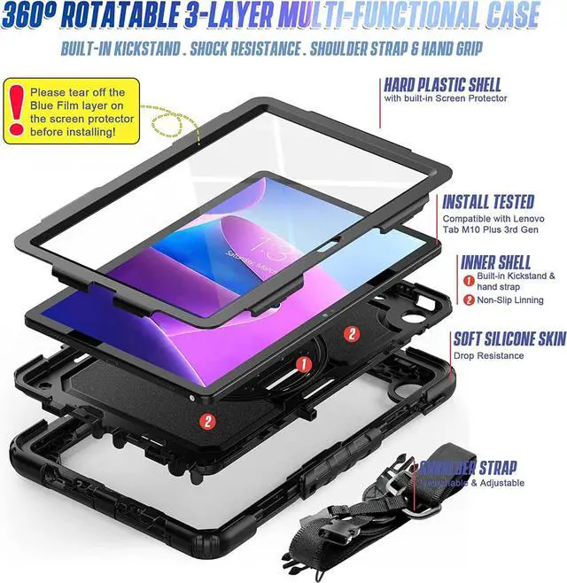 Alt view image 6 of 6 - Case for Lenovo Tab M10 Plus 3rd Gen 10.6 Inch 2022 | TB125FU/TB128FU/TB128XU Case with Screen Protector Pen Holder | 3 Layer Shockproof Rugged Durable Rubber Protective Case W/ Shoulder Strap