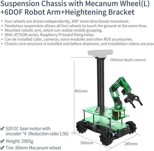 Alt view image 2 of 7 - Yahboom Robot Aluminum Alloy Car Chassis with 80mm Mecanum Wheel 6DOF Robotic Arm for Raspberry Pi Arduino DIY Kit Smart Robot Car (Suspension Chassis with Mecanum Wheel(L)+6DOF)