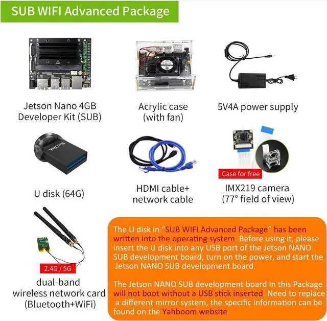 Alt view image 2 of 7 - Yahboom Jetson Nano 4GB SUB Developer Kit with Wireless-AC8265 Dual Mode AC8265 Wireless NIC Module Jetson Nano Acrylic Case Camera Power Adapter (SUB WiFi Advanced Package)