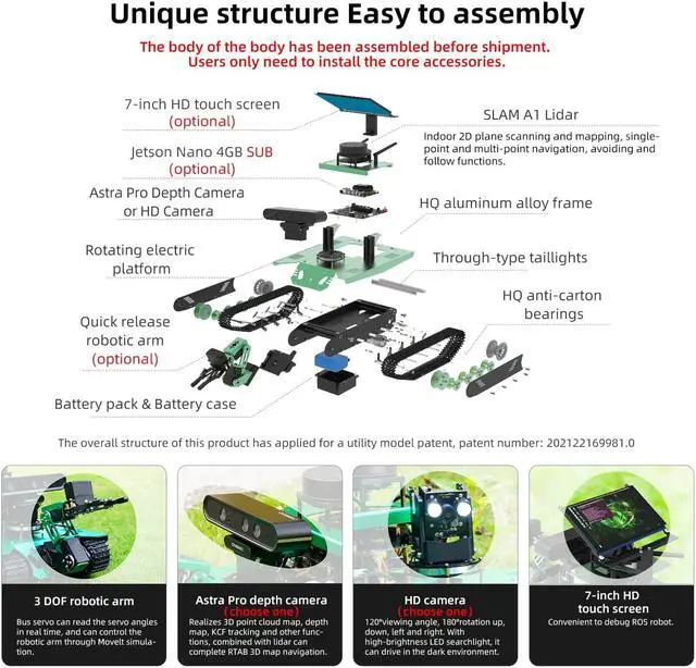 Alt view image 7 of 7 - Yahboom Jetson Nano AI Robotic Kit with Silan A1 Radar ROS Smart Tank Car DIY Robot Arm Kit for Adults SLAM Build Maps, Autonomous Navigation, 7-inch Touch Screen & Depth Camera Optional