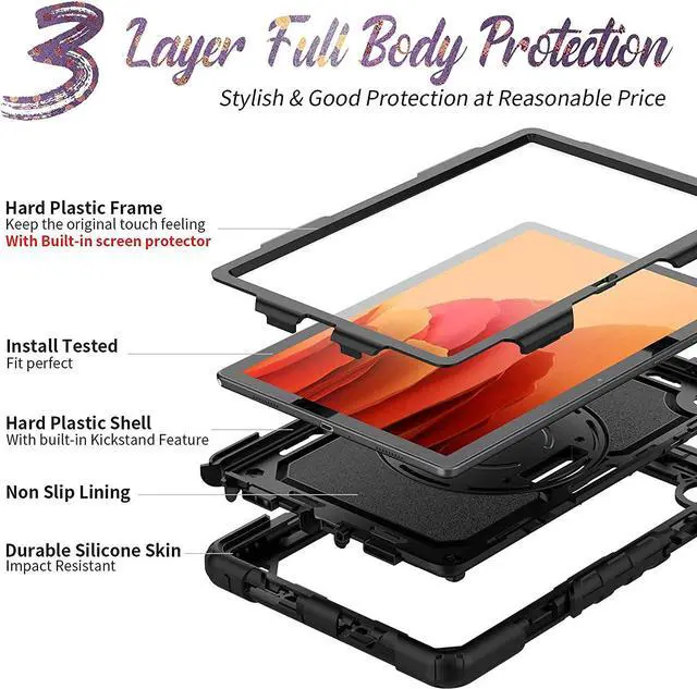 Alt view image 3 of 7 - Galaxy Tab A7 Case, 10.4 Inch Shockproof Tab A7 Case with S Pen Holder/Rotating Kickstand/Handle/Shoulder Strap/Screen Protector for Samsung Galaxy Tab A7, Tab A7 10.4" (Black)