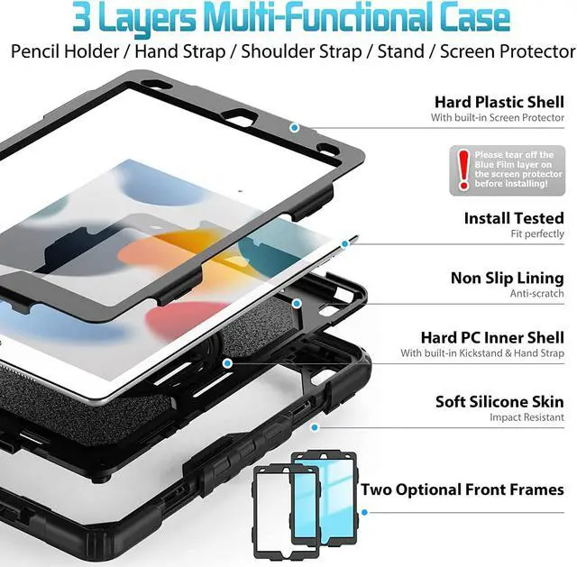 Alt view image 2 of 7 - for iPad 9th 8th 7th Generation Case, iPad Case 10.2 with Screen Protector/Pencil Holder/Rotating Hand Strap Stand, Heavy Duty Protective iPad 9/8/7 Case Cover 2021/2020/2019, Black