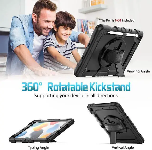 Alt view image 4 of 7 - for iPad 9th 8th 7th Generation Case, iPad Case 10.2 with Screen Protector/Pencil Holder/Rotating Hand Strap Stand, Heavy Duty Protective iPad 9/8/7 Case Cover 2021/2020/2019, Black