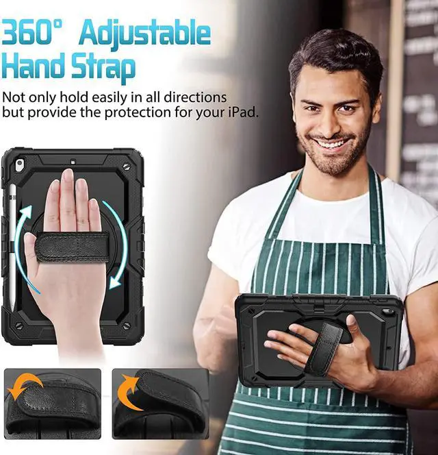 Alt view image 3 of 7 - for iPad 9th 8th 7th Generation Case, iPad Case 10.2 with Screen Protector/Pencil Holder/Rotating Hand Strap Stand, Heavy Duty Protective iPad 9/8/7 Case Cover 2021/2020/2019, Black