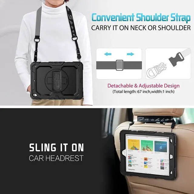 Alt view image 5 of 7 - for iPad 9th 8th 7th Generation Case, iPad Case 10.2 with Screen Protector/Pencil Holder/Rotating Hand Strap Stand, Heavy Duty Protective iPad 9/8/7 Case Cover 2021/2020/2019, Black