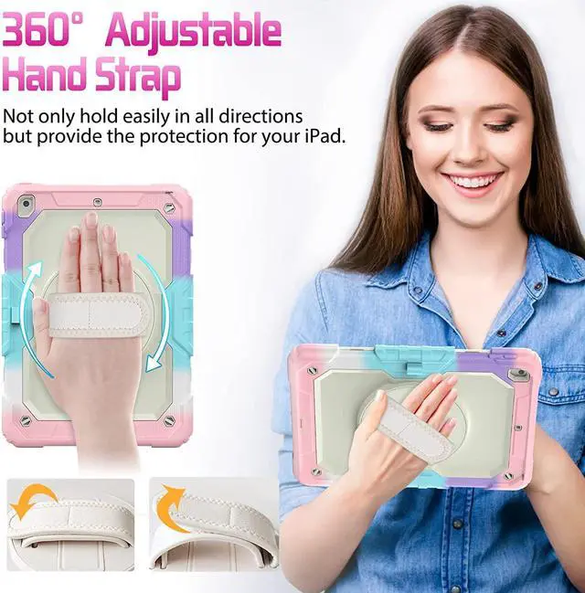 Alt view image 3 of 7 - for iPad 9th 8th 7th Generation Case, iPad Case 10.2 with Screen Protector/Pencil Holder/Rotating Hand Strap Stand, Heavy Duty Protective iPad 9/8/7 Case Cover 2021/2020/2019, Pink