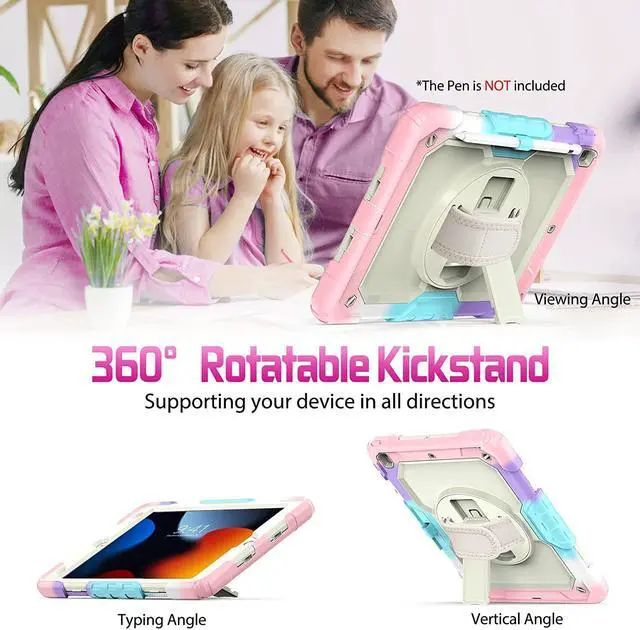 Alt view image 5 of 7 - for iPad 9th 8th 7th Generation Case, iPad Case 10.2 with Screen Protector/Pencil Holder/Rotating Hand Strap Stand, Heavy Duty Protective iPad 9/8/7 Case Cover 2021/2020/2019, Pink