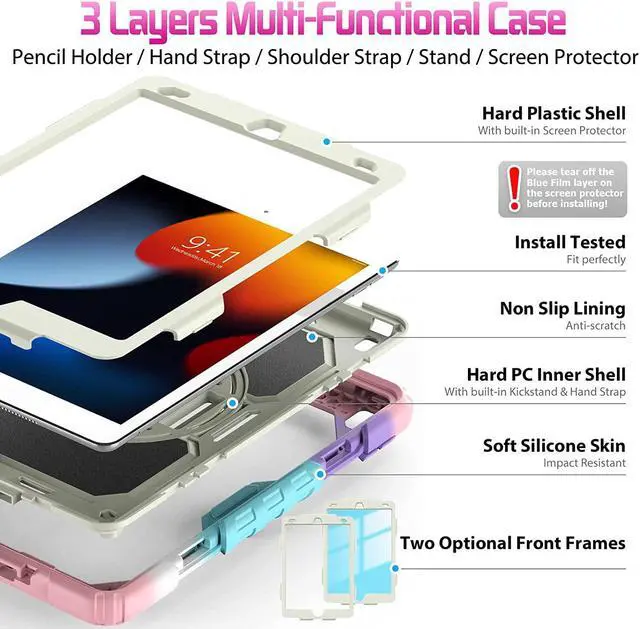 Alt view image 6 of 7 - for iPad 9th 8th 7th Generation Case, iPad Case 10.2 with Screen Protector/Pencil Holder/Rotating Hand Strap Stand, Heavy Duty Protective iPad 9/8/7 Case Cover 2021/2020/2019, Pink